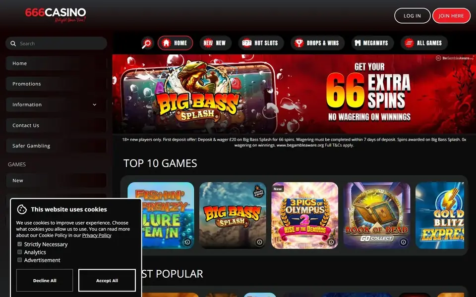 666 Casino’s homepage: the 666 Casino logo and a log-in button, a side menu with a search box, Home, New, Hot Slots, Drops & Wins, Megaways and All Games buttons, and a Top 10 Games row of slot tiles such as Big Bass Splash and Book of Dead.