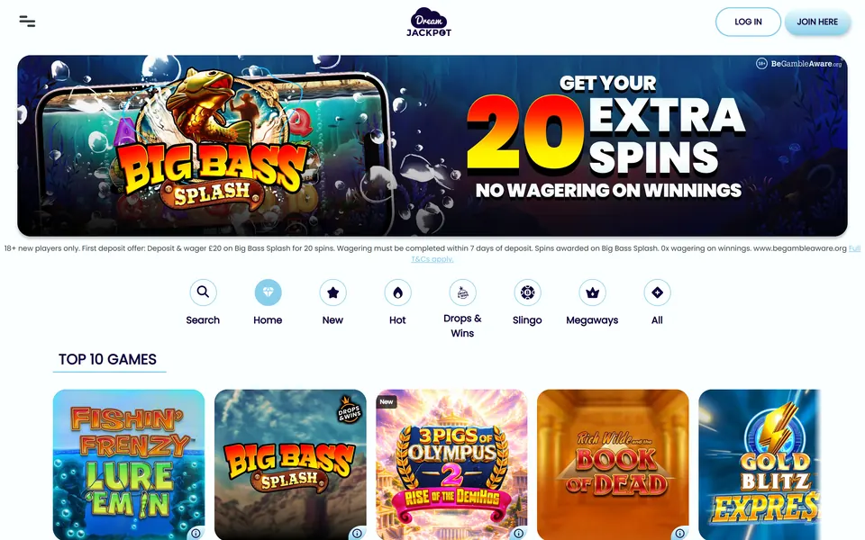 Dream Jackpot’s homepage: the Dream Jackpot logo and a log-in button above a row of round game-category icons, then “Top 10 Games” and “Most Popular” rows of slot tiles such as Big Bass Splash and Book of Dead.