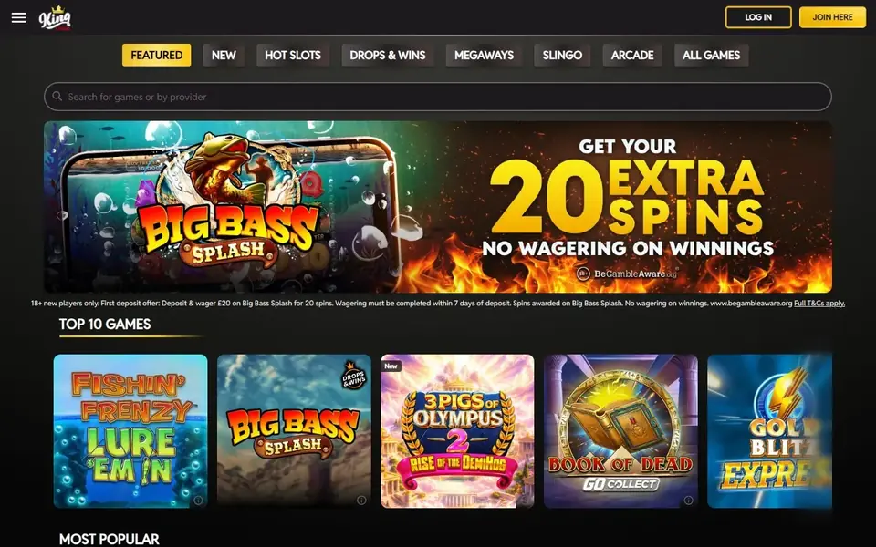 King Casino’s homepage: the crowned King Casino logo and a log-in button above Featured, New, Hot Slots, Drops & Wins, Megaways, Slingo, Arcade and All Games tabs, a search bar and a Top 10 Games row of slot tiles such as Fishin’ Frenzy and Book of Dead.