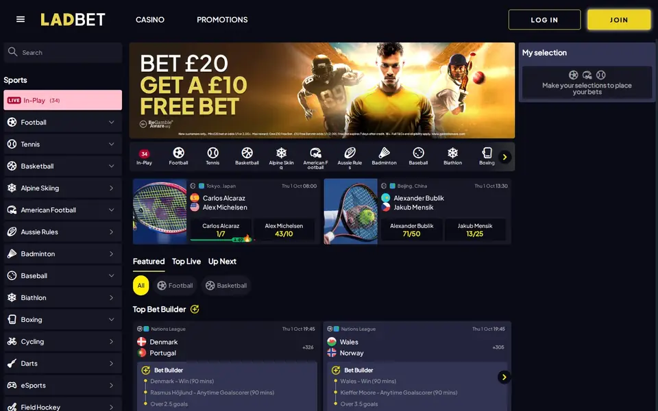 Lad Bet’s homepage: the Lad Bet logo beside Casino and Promotions links and a log-in button, a list of sports down the left, tennis match cards with odds and a Top Bet Builder panel for football.