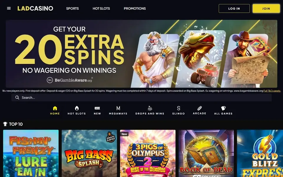 Lad Casino’s homepage: the Lad Casino logo beside Sports, Hot Slots and Promotions links and a log-in button, a search bar, a row of game-category icons including Slingo and Arcade, and a Top 10 row of slot tiles.