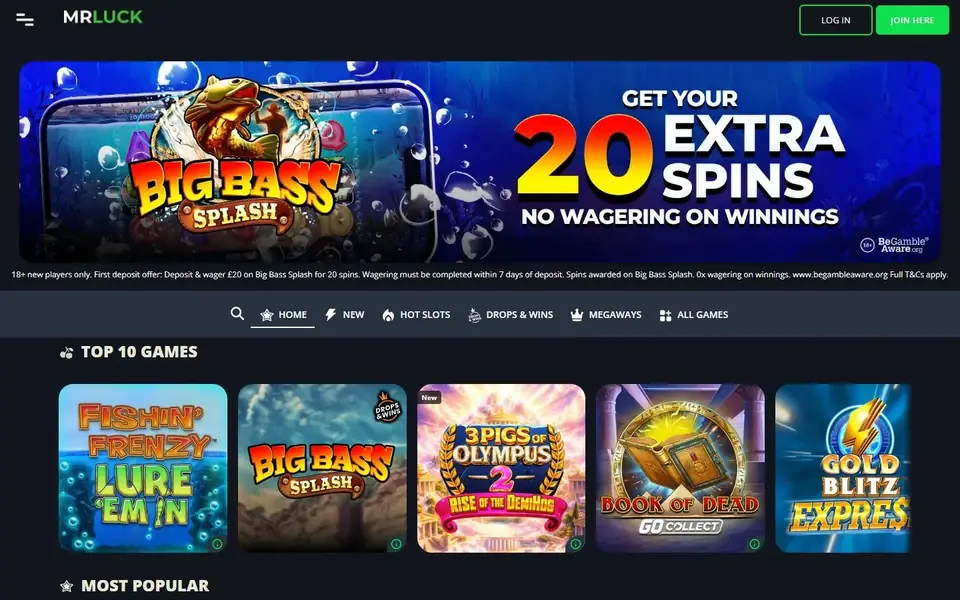 Mr Luck’s homepage: the Mr Luck logo and a log-in button above a menu bar of Home, New, Hot Slots, Drops & Wins, Megaways and All Games, then a Top 10 Games row of slot tiles such as Fishin’ Frenzy and Book of Dead.