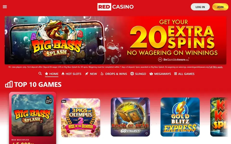 Red Casino’s homepage on a red background: the Red Casino logo and a log-in button above Home, Hot Slots, New, Drops & Wins, Slingo, Megaways and All Games links, then a Top 10 Games row of slot tiles such as Big Bass Splash and Gold Blitz Express.